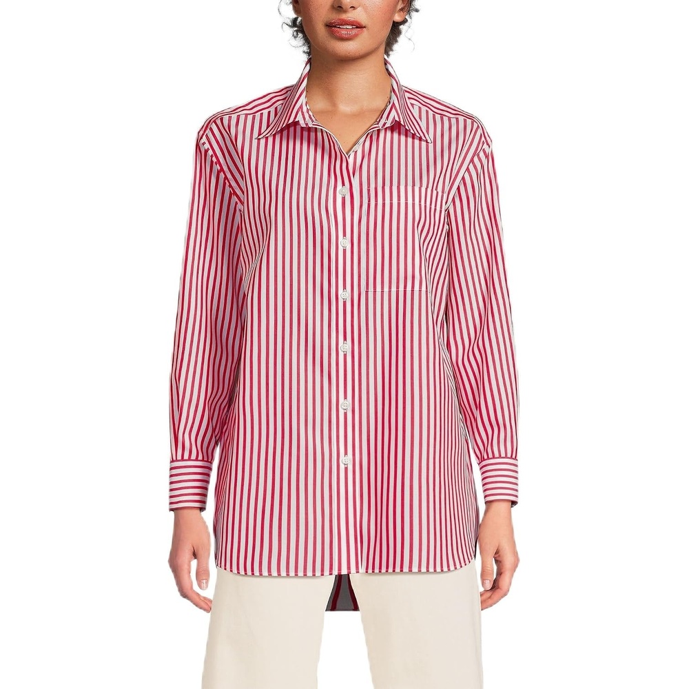 image:imageLands End Womens No Iron Oversized Poplin Extra Long TunicWhiteCompass Red Stripe