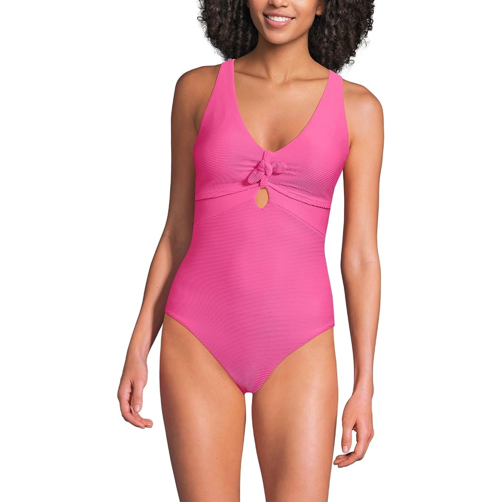image:imageLands End Womens Ribbed Knot Front One Piece SwimsuitPink Ottoman