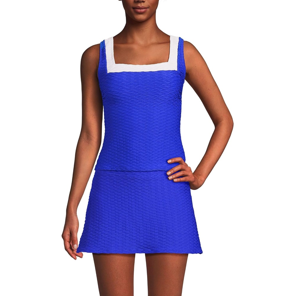 image:imageLands End Womens Texture Square Neck Tankini Swimsuit Top Adjustable StrapsElectric BlueWhite Texture