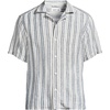 Lands’ End Men’s Short Sleeve Camp Collar Hawaiian Shirt(Light Indigo/Ivory Stripe)