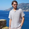 Lands’ End Men’s Short Sleeve Camp Collar Hawaiian Shirt(Light Indigo/Ivory Stripe)