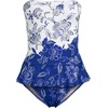 Lands’ End Women’s Sculpting Suit Ruffle Bandeau One Piece Swimsuit(White/Cobalt Floral Placement)