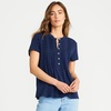 Lands’ End Women’s Short Sleeve Lightweight Jersey Button Pintuck Top(Deep Sea Navy Pin Dot)
