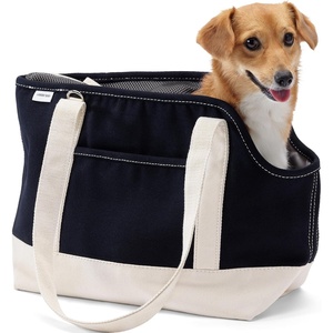 Lands’ End Canvas Pet Tote Carrier Natural/Radiant Navy Regular | Cotton canvas construction, Secure zip top with collar safety hook, Shoulder-length handle drop, Fits dogs up to 20 lbs(Natural/Radiant Navy)