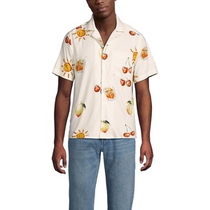 Lands’ End Men’s Short Sleeve Camp Collar Hawaiian Shirt(Ivory/Cocktail)