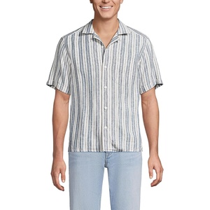 Lands’ End Men’s Short Sleeve Camp Collar Hawaiian Shirt(Light Indigo/Ivory Stripe)