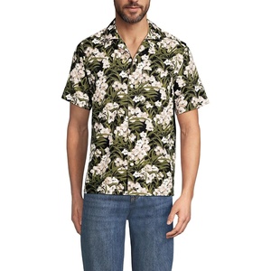 Lands’ End Men’s Short Sleeve Camp Collar Hawaiian Shirt(Vintage Lime/Ivory Floral)