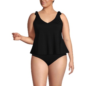 Lands’ End Women’s Chlorine Resistant V-Neck Shoulder Tie Flutter Tankini Swimsuit Top(Black)
