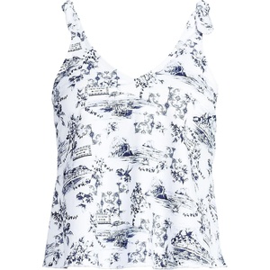 Lands’ End Women’s Chlorine Resistant V-Neck Shoulder Tie Flutter Tankini Swimsuit Top(White/Blue Toile)