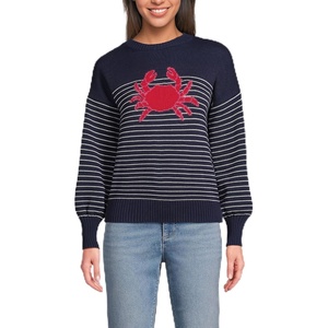 Lands’ End Women’s Drifter Jersey Crewneck Sweater(Red Crab/Navy)