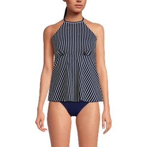 Lands’ End Women’s Flutter High Neck Halter Tankini Top(Navy/Egret White Stripe)
