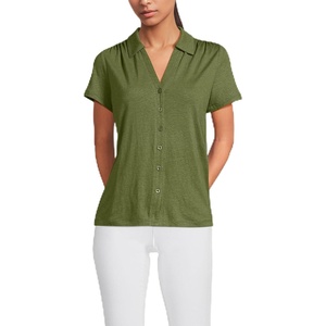 Lands’ End Women’s Linen Blend Short Sleeve Button Front Polo Top(Artichoke)