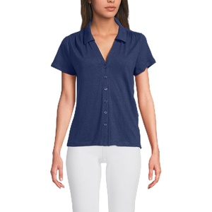 Lands’ End Women’s Linen Blend Short Sleeve Button Front Polo Top(Deep Sea Navy)
