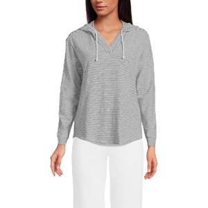 Lands’ End Women’s Long Sleeve Slub Hooded Popover(White/Black Stripe)