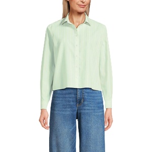 Lands’ End Women’s No Iron Boxy Cropped Shirt(Icy Mint Green Narrow Stripe)