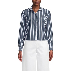 Lands’ End Women’s No Iron Boxy Cropped Shirt(Navy/White Dual Stripe)