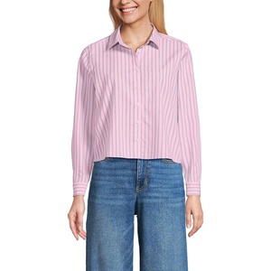 Lands’ End Women’s No Iron Boxy Cropped Shirt(Seaside Pink/Navy Stripe)
