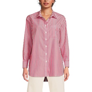 Lands’ End Women’s No Iron Oversized Poplin Extra Long Tunic(White/Compass Red Stripe)