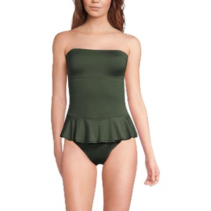 Lands’ End Women’s Sculpting Suit Ruffle Bandeau One Piece Swimsuit(Rich Olive Green)