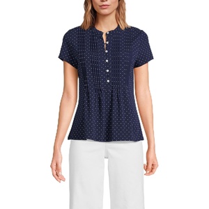 Lands’ End Women’s Short Sleeve Lightweight Jersey Button Pintuck Top(Deep Sea Navy Pin Dot)