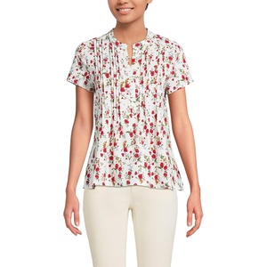 Lands’ End Women’s Short Sleeve Lightweight Jersey Button Pintuck Top(Ivory Mini Poppy Floral)