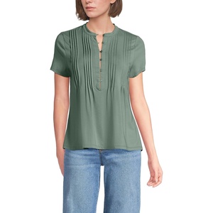 Lands’ End Women’s Short Sleeve Lightweight Jersey Button Pintuck Top(Lily Pad Green)
