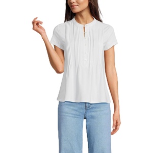 Lands’ End Women’s Short Sleeve Lightweight Jersey Button Pintuck Top(White)