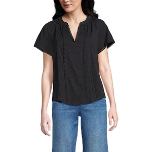 Lands’ End Women’s Slub Short Sleeve Notch Neck Top(Black)