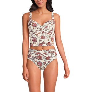 Lands’ End Women’s Sweetheart Wrap Midkini Top(Egret White Ornate Floral)