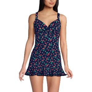 Lands’ End Women’s Sweetheart Wrap Midkini Top(Navy/Berry Dot)