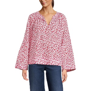 Lands’ End Women’s Voile Tie Neck Poet Blouse(White/Coral Red Painted Posies)