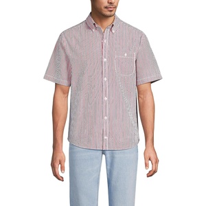 Lands’ End Men’s Short Sleeve Seersucker Shirt(Compass Red/Navy Stripe)