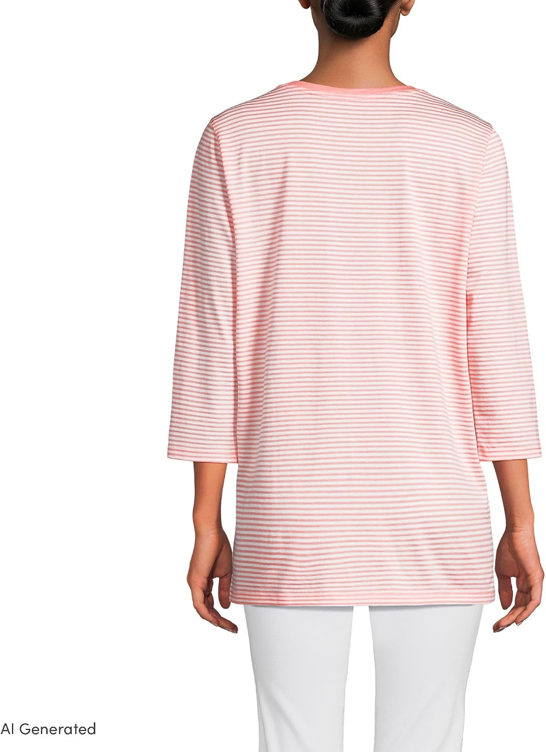 image:imageLands End Womens 34 Sleeve Supima Cotton Crewneck TunicSunset Coral Pink Micro Stripe