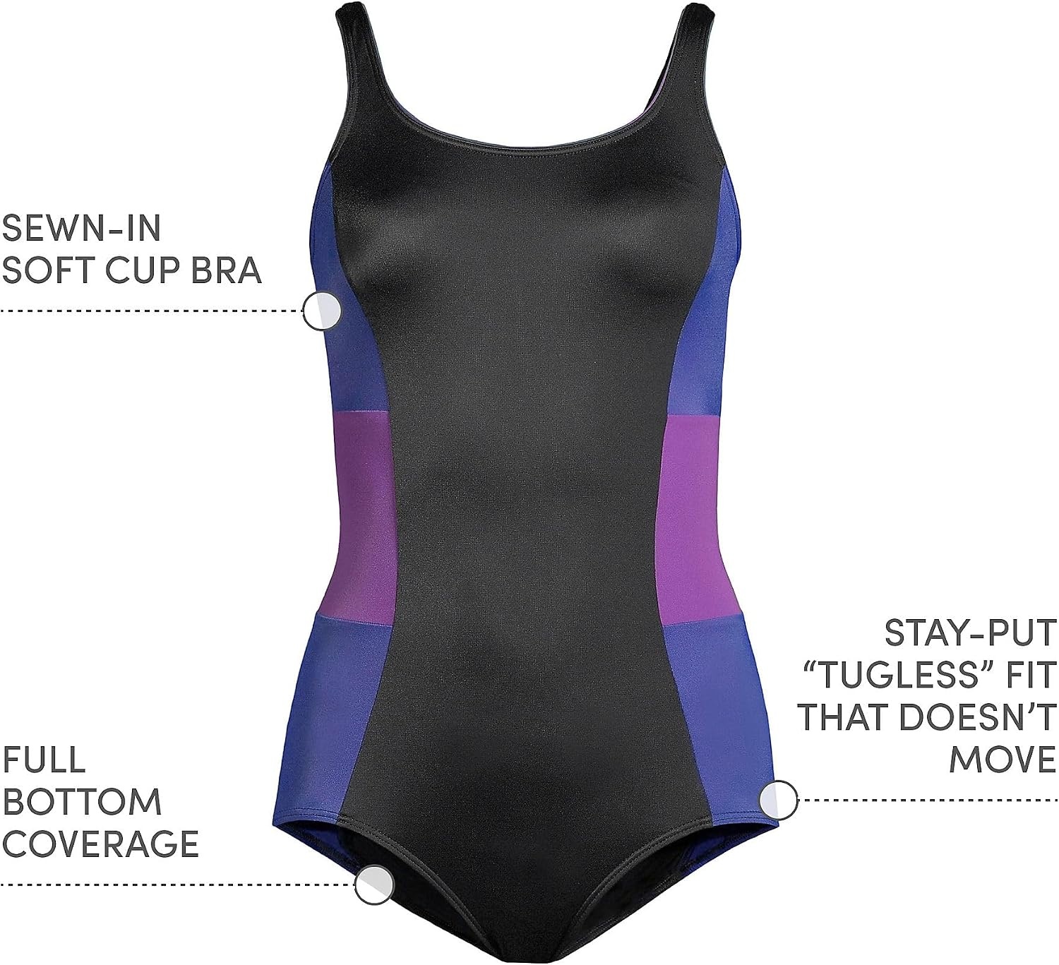 image:imageLands End Womens Chlorine Resistant Soft Cup Tugless Sporty One Piece SwimsuitBlackPurple Grape