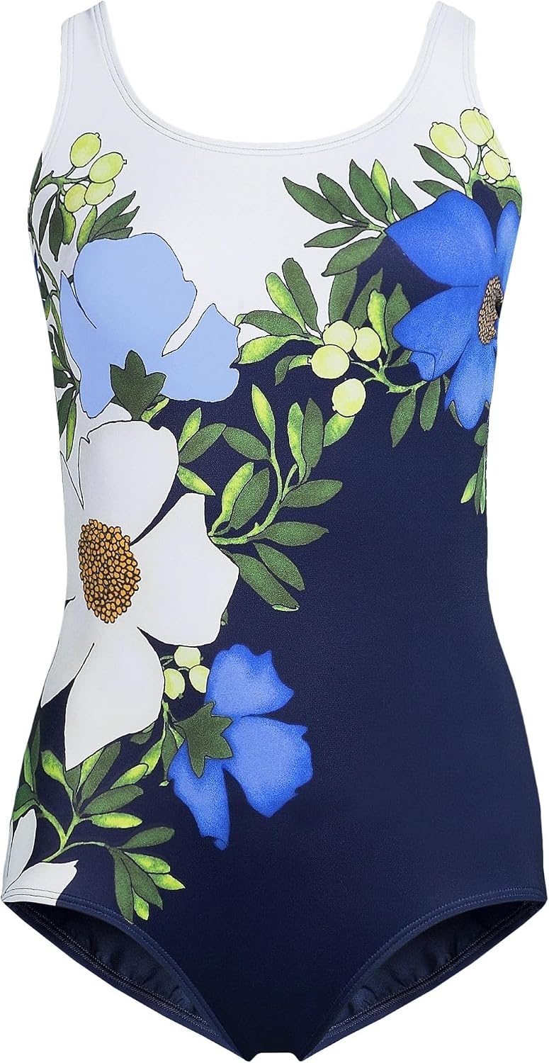 image:imageLands End Womens Chlorine Resistant Soft Cup Tugless Sporty One Piece SwimsuitFloral BlossomWhiteNavy