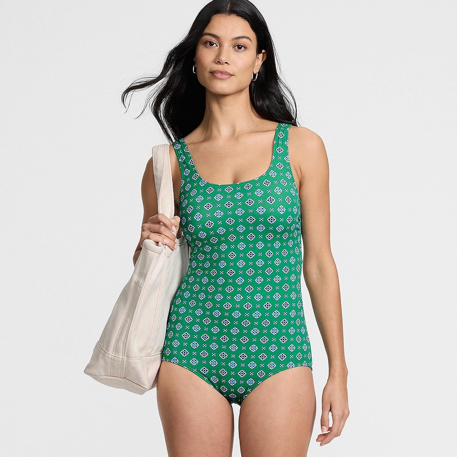 image:imageLands End Womens Chlorine Resistant Soft Cup Tugless Sporty One Piece SwimsuitGreenNavy Geo Floral