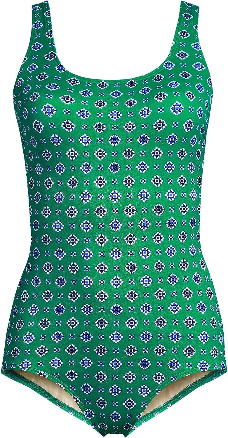 image:imageLands End Womens Chlorine Resistant Soft Cup Tugless Sporty One Piece SwimsuitGreenNavy Geo Floral