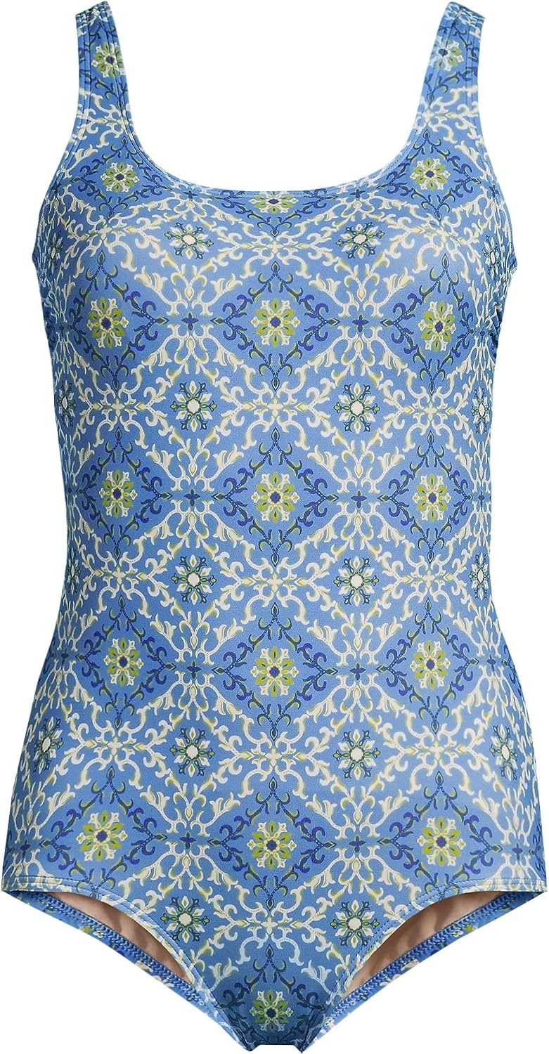 image:imageLands End Womens Chlorine Resistant Soft Cup Tugless Sporty One Piece SwimsuitLake BlueEgret Geo Floral