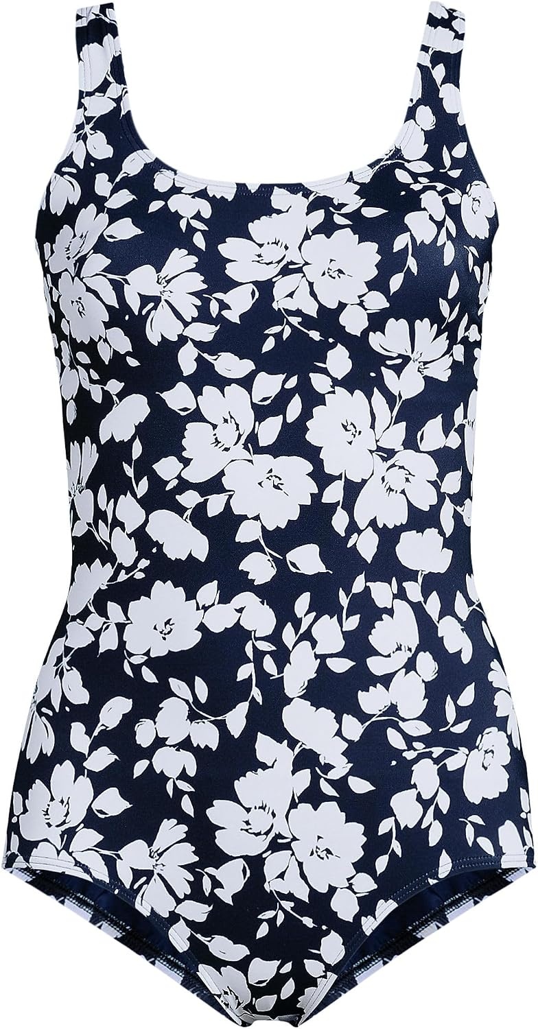 image:imageLands End Womens Chlorine Resistant Soft Cup Tugless Sporty One Piece SwimsuitNavy Blossom Floral