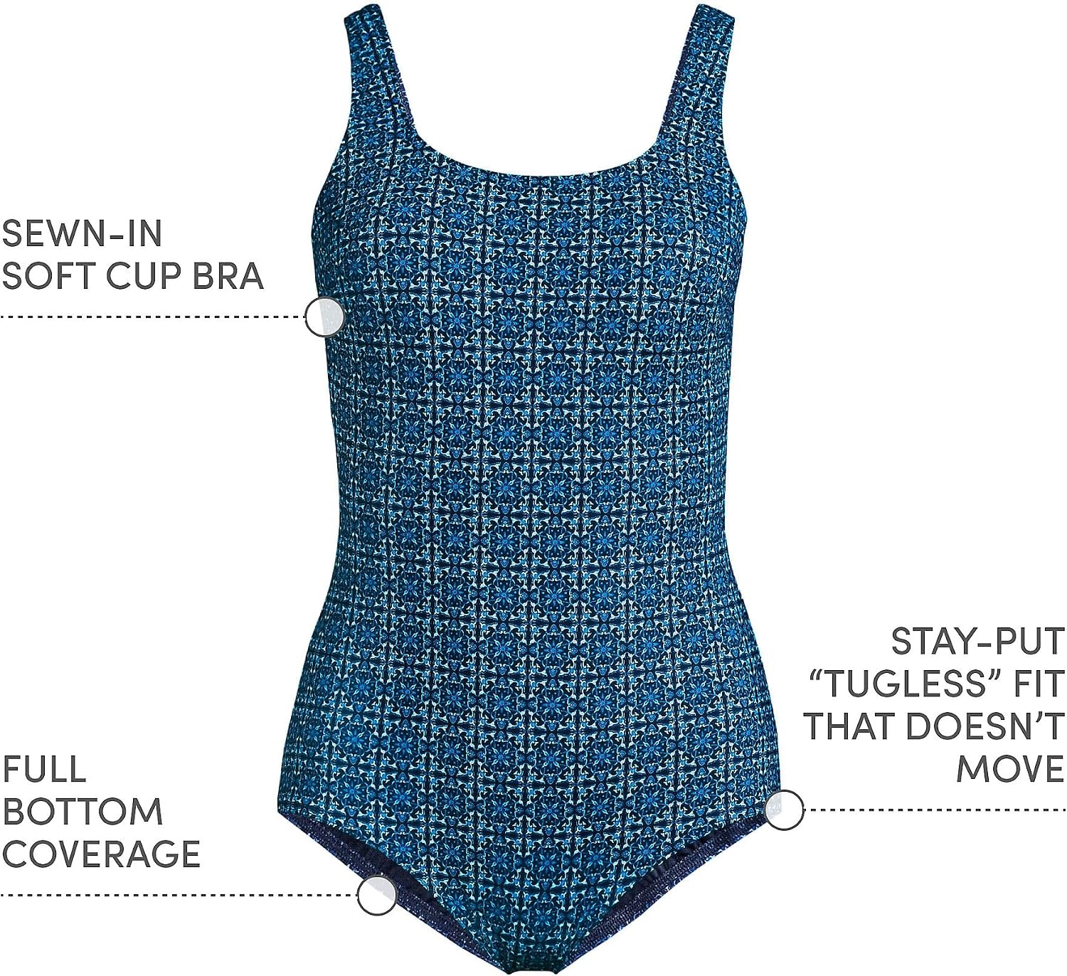 image:imageLands End Womens Chlorine Resistant Soft Cup Tugless Sporty One Piece SwimsuitNavy Mosaic Mini Tile