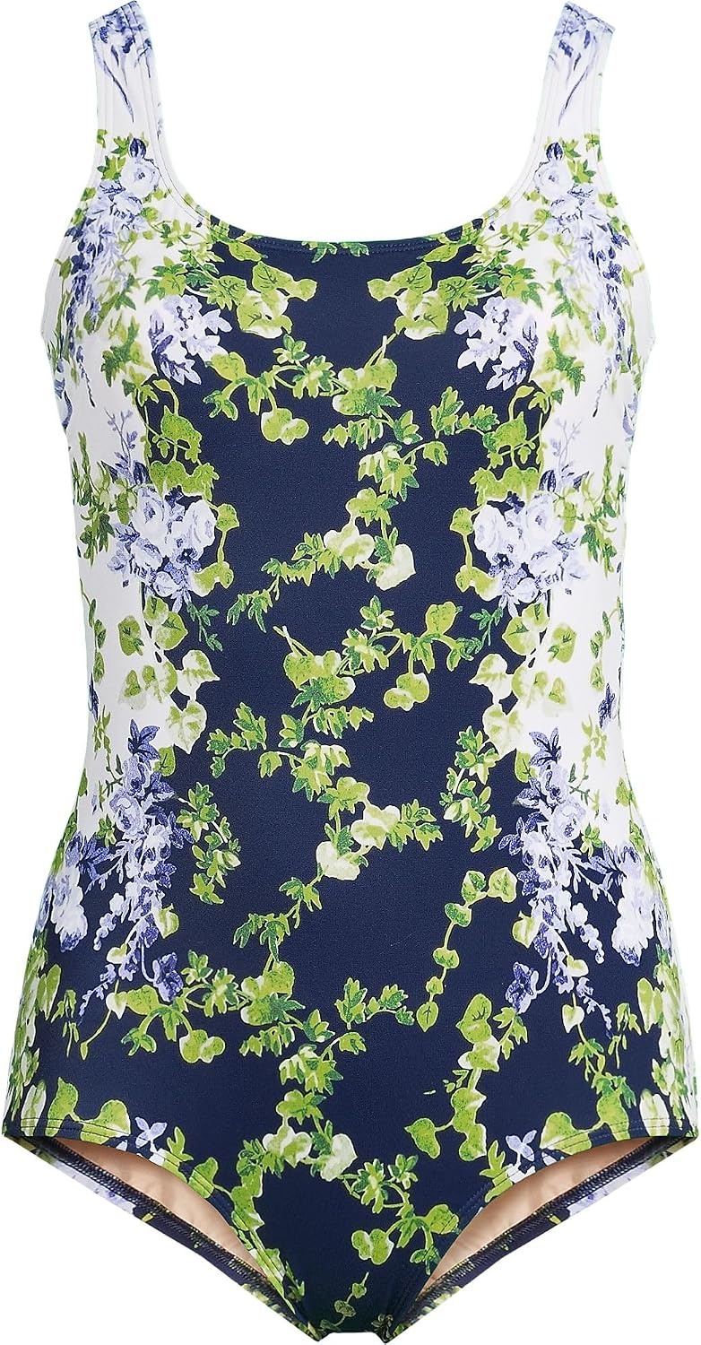 image:imageLands End Womens Chlorine Resistant Soft Cup Tugless Sporty One Piece SwimsuitWhiteNavy Blooms