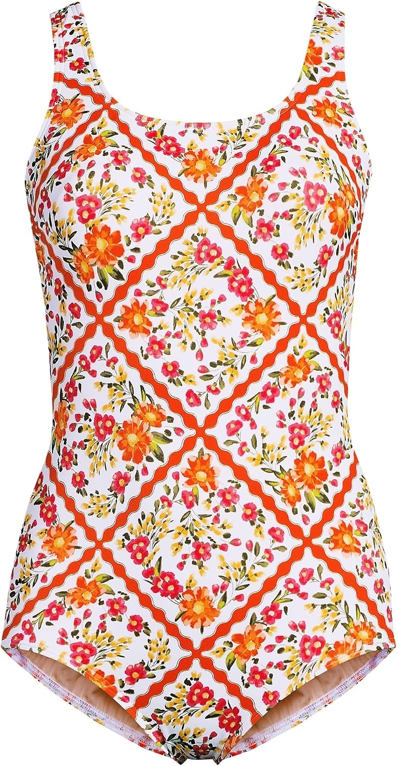 image:imageLands End Womens Chlorine Resistant Soft Cup Tugless Sporty One Piece SwimsuitWhiteOrange Scarf Floral
