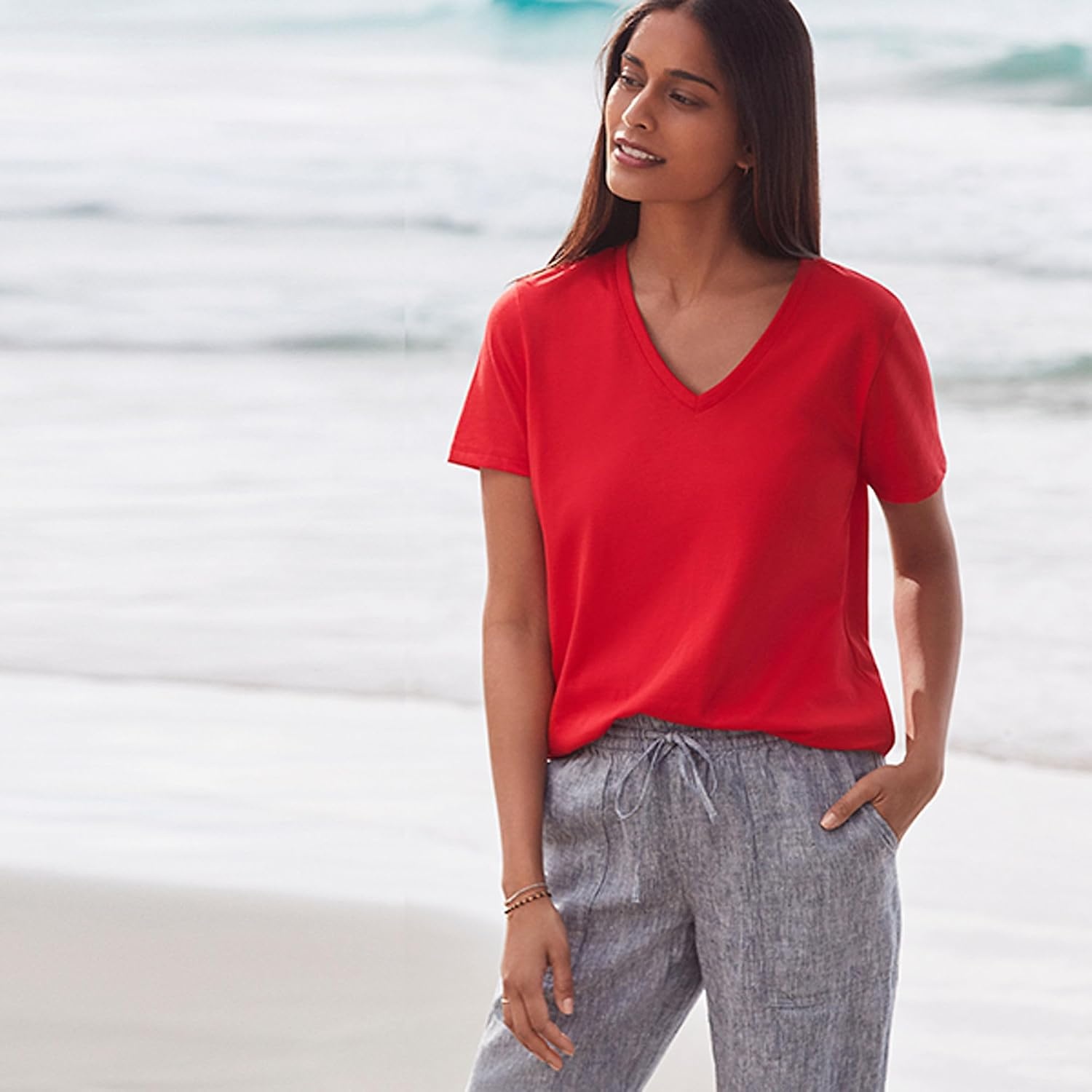 image:imageLands End Womens Relaxed AmericanGrown Supima Cotton VNeck TShirtCompass Red