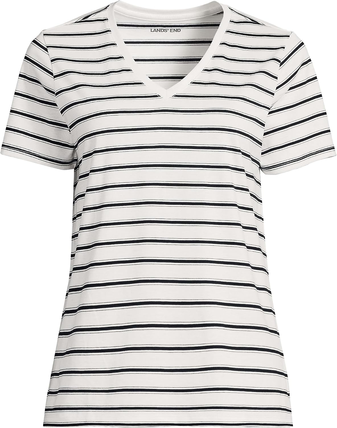 image:imageLands End Womens Relaxed AmericanGrown Supima Cotton VNeck TShirtIvoryBlack Rail Stripe