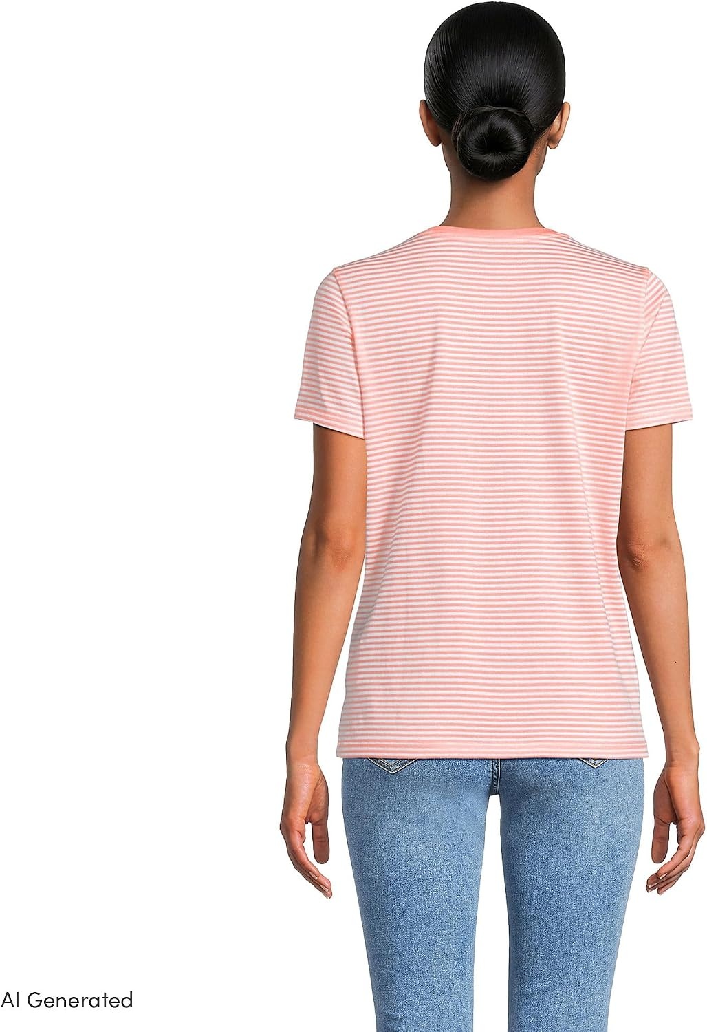 image:imageLands End Womens Relaxed AmericanGrown Supima Cotton VNeck TShirtSunset Coral Pink Micro Stripe