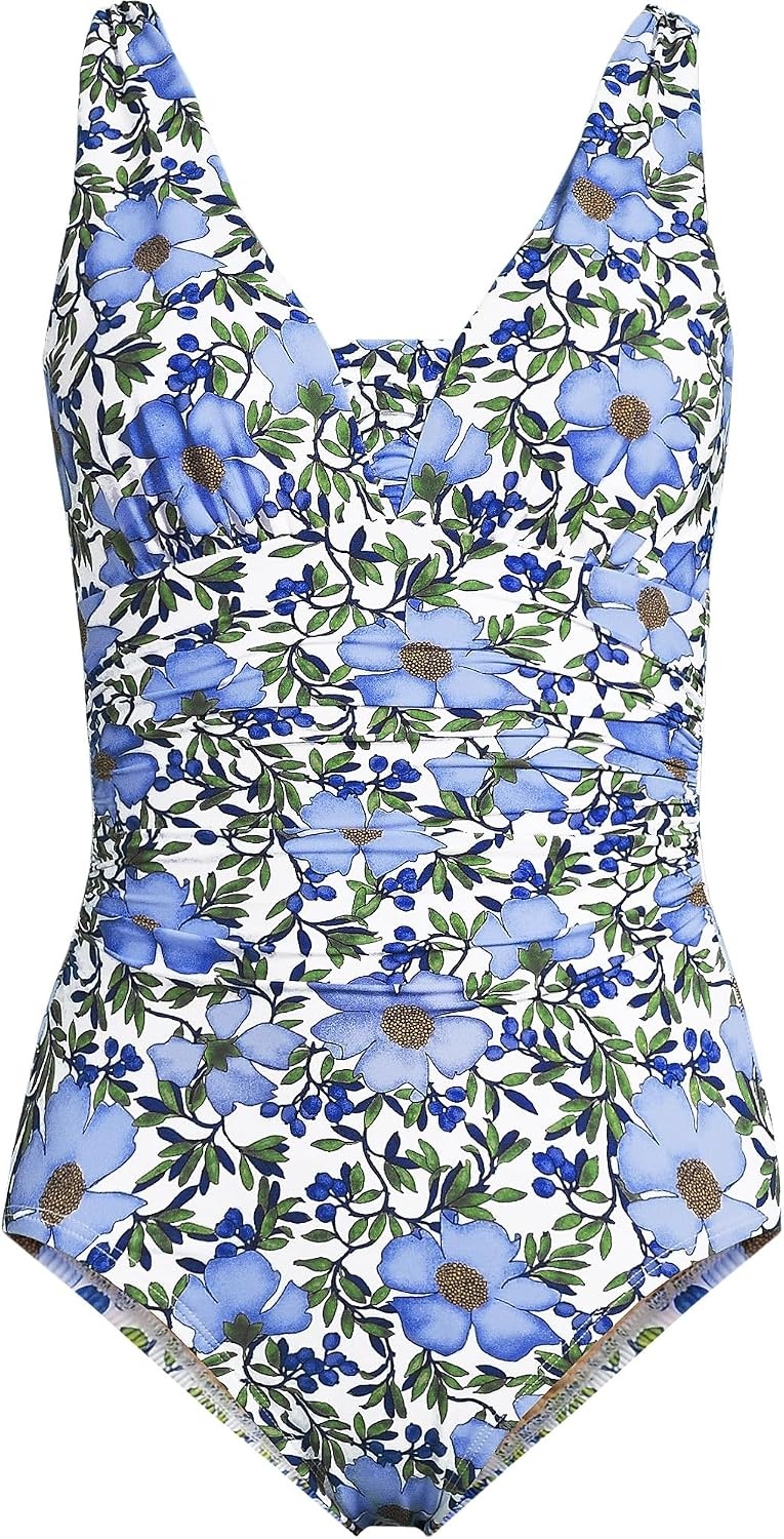 image:imageLands End Womens SlenderSuit Grecian Low Leg One Piece SwimsuitFloral BlossomWhiteBlue