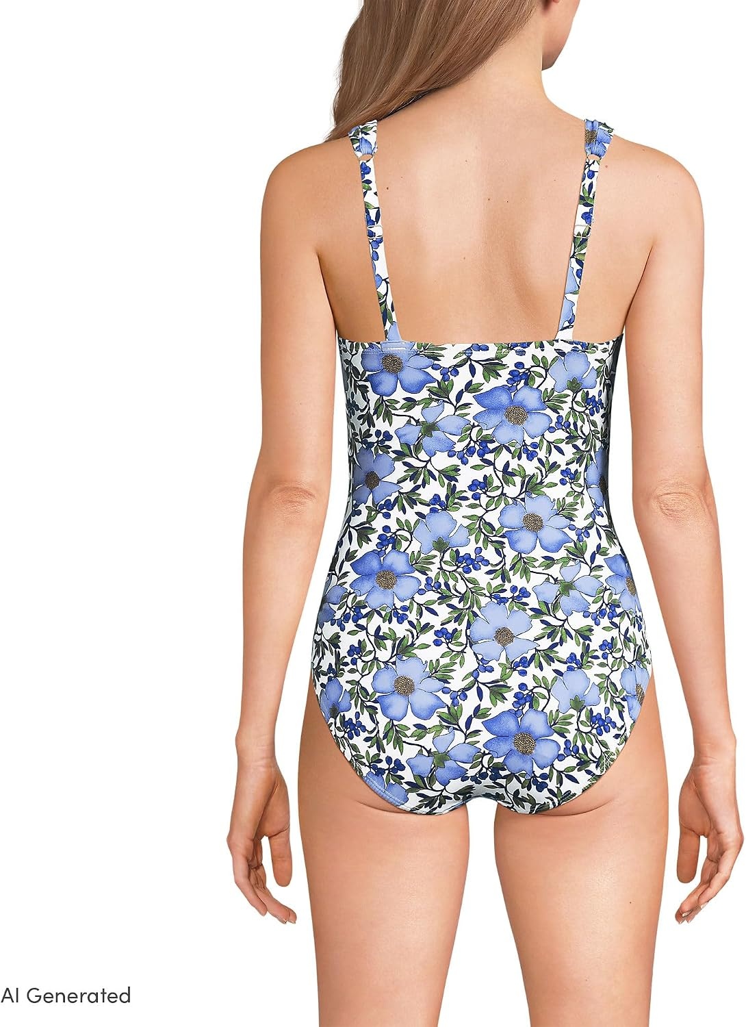 image:imageLands End Womens SlenderSuit Grecian Low Leg One Piece SwimsuitFloral BlossomWhiteBlue