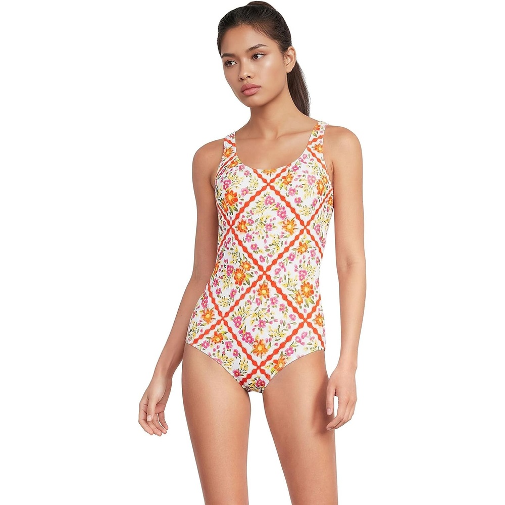 image:imageLands End Womens Chlorine Resistant Soft Cup Tugless Sporty One Piece SwimsuitWhiteOrange Scarf Floral