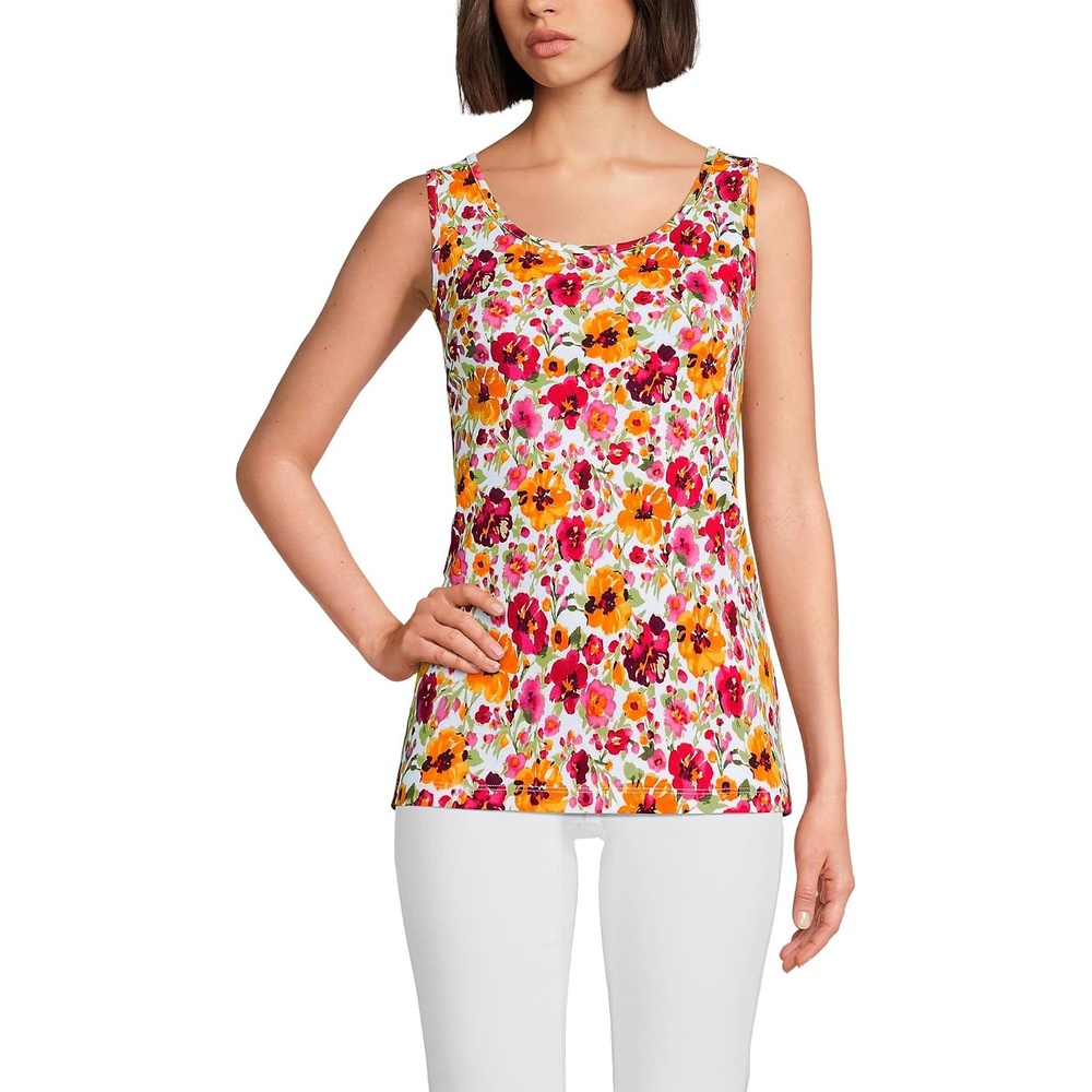 image:imageLands End Womens Cotton Tank TopWhiteHot Pink Painted Blooms