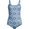 Lands’ End Women’s Chlorine Resistant Soft Cup Tugless Sporty One Piece Swimsuit(Lake Blue/Egret Geo Floral)